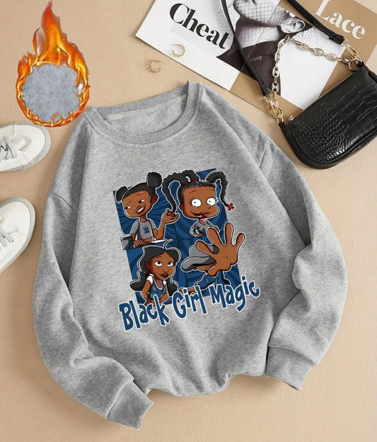 Black Girl Magic Print Fleece Lined Sweatshirt For Halloween, Long Sleeve Crew Neck Casual Sports Sweatshirt For Fall & Winter, Women's Clothing